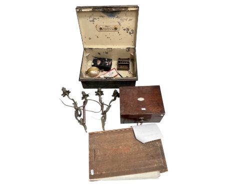 Sundry items, including a 19th century rosewood work box with key and drawer, a colonial Indian tin box with label and conten