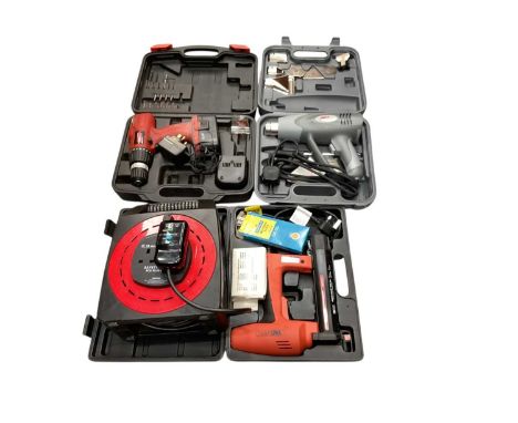 Group of tools to include heat gun, drill and extension lead.