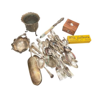 Group of silver plated flatware, dominos, compass and sundries. 