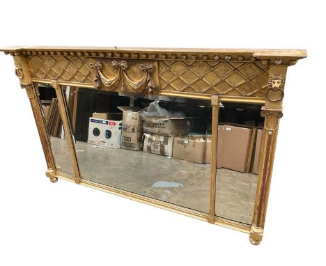 Regency style gilt overmantel mirror , with swag fries and three bevelled plates within columns, 80 x 132cm
