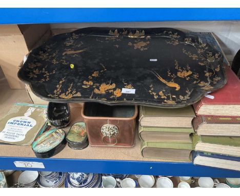 Victorian papier mâché tray, books and sundries