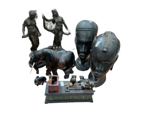 Works of art including African figures, pair of bronzes, novelty money box