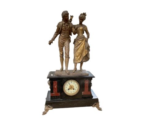 Large antique French figural patinated spelter, slate and marble mantel clock, 71cm high