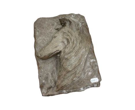 Reconstituted stone relief wall plaque in the form of a collie.