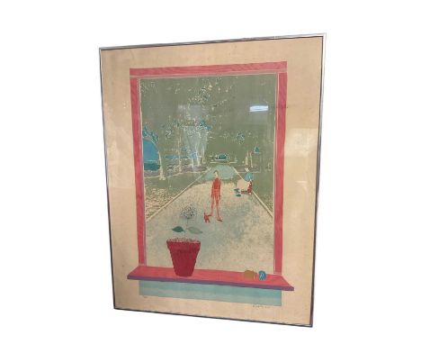 20th century limited edition print, view through a window, numbered 67/100, indistinctly signed and with blind stamp, 75 x 58