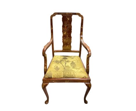 Good quality lacquered open elbow chair with chinoiserie decoration on cabriole front legsGood original condition, made in th