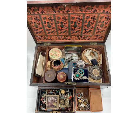 Wooden work box containing costume jewellery and bijouterie
