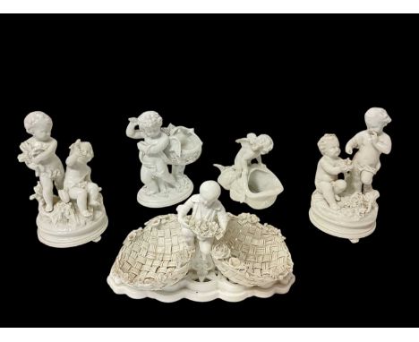 Group of 19th century white glazed porcelain, including a figural double basket with crossed swords and 'DP' marks, a pair of