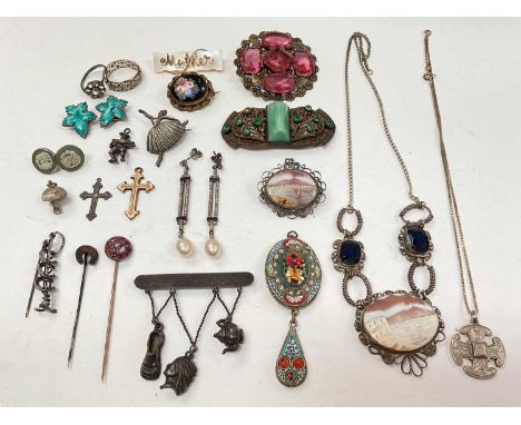 Vintage costume jewellery to include an Italian micromosaic pendant, carved shell cameo necklace, antique stick pin etc