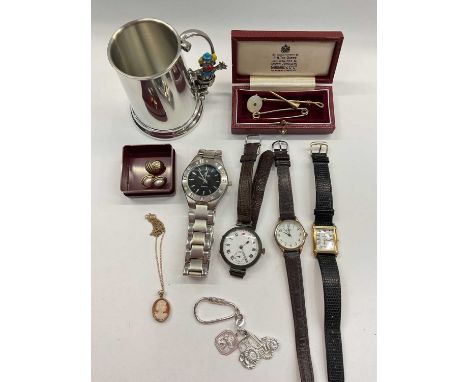 Early 20th century silver cased wristwatch, 9ct gold mounted cameo pendant on 9ct gold chain, other jewellery, watches and a 