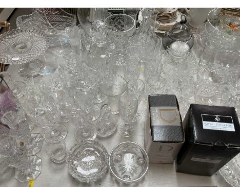 Group of glassware including decanters, Royal Doulton vase in box, other vases etc