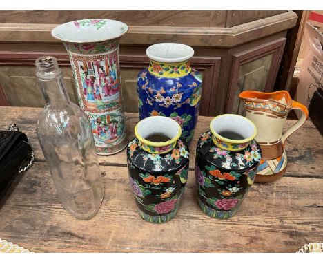 Selection of ceramics, including a 19th century Chinese Canton sleeve vaseThe tallest vase has chips to the top lip, there ar