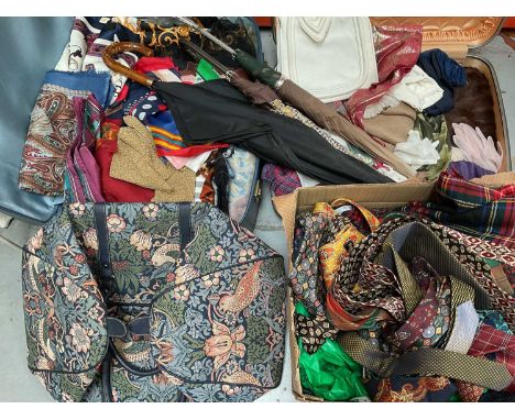Group of vintage textiles and accessories including a William Morris fabric weekend bag, umbrellas, silk ties, scarves, fabri
