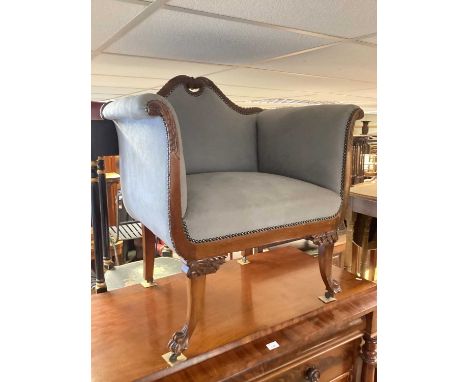 Antique Continental mahogany framed twin scroll armchair with carved gadrooned top rail above suede upholstery, on splayed le