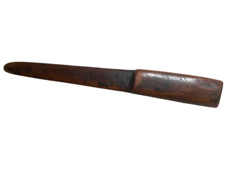 19th century treen fruitwood or yew paper knife, inscribed in ink with initials and dated 1869