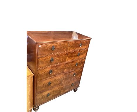 Victorian flame mahogany chest of five long drawers, 108cm wide, 53.5cm deep, 134cm high