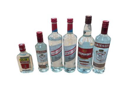 Six bottles of Vodka including Smirnoff, Stefanoff, Rachmaninoff and Chekov