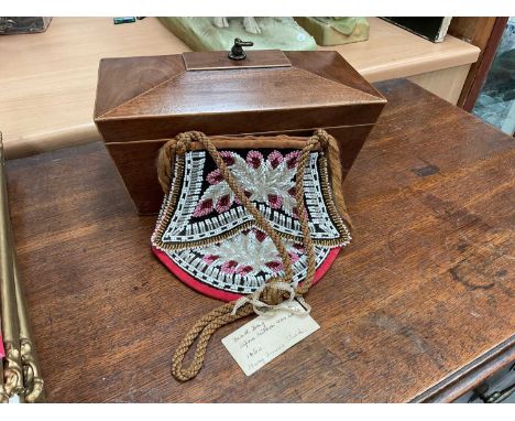 Victorian mahogany tea caddy and a Victorian beadwork bag (2)