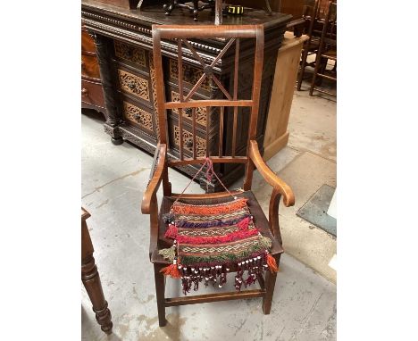 Antique fruitwood adjustable reclining country armchair, together with single elm chair with rope back, together with unusual