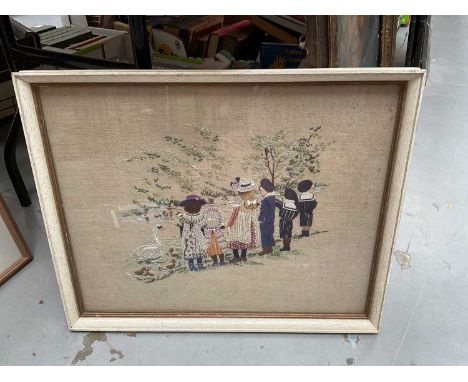 Tapestry of children in Edwardian dress and two framed Persian design panels (3).