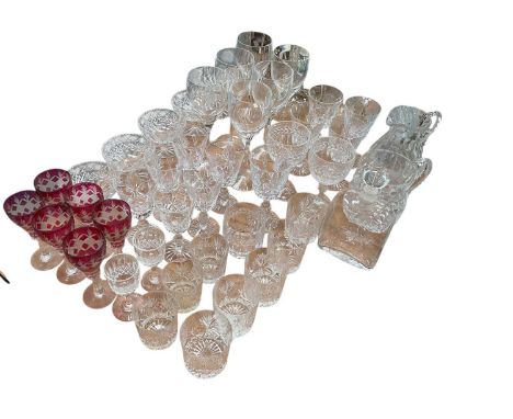 Set of six large Waterford crystal wine glasses, six bohemian ruby flashed cut glass wine glasses and various other cut glass