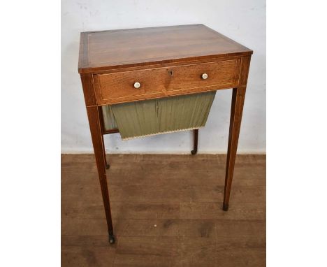 Sheraton period rosewood and satinwood line inlaid work table, with rising rear silk screen and frieze drawer fitted with hin