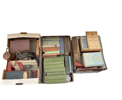 Books- three boxes of mixed books to include a 1930's Royal Army Medical Corps Training Manual, together with vintage cameras