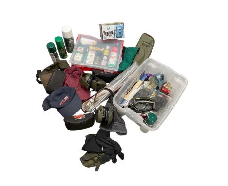 Two boxes of various shooting accessories to include gun cleaning kits, Musto hat, cleaning oils and other items (2 boxes).
