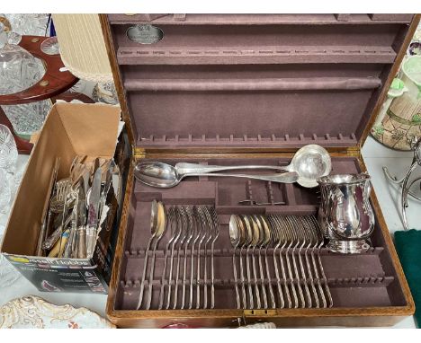 Two canteen of cutlery, other silver plated flatware and a tankard