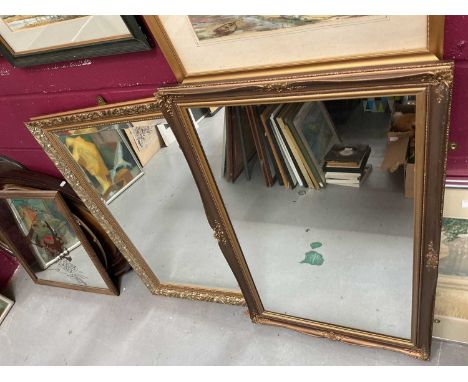 Two gilt framed wall mirrors, mirror printed with a female image and various other wall mirrors