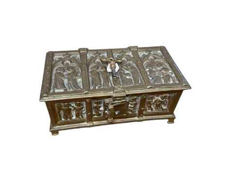 19th century brass Gothic casket with key, 13.5cm wide