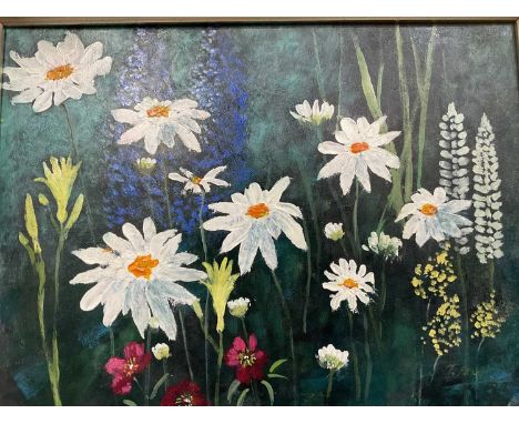 Timmie Penny; Scottish school oil on panel in gilt frame, still life of flowers 'Summer border' 39cm x 49cm