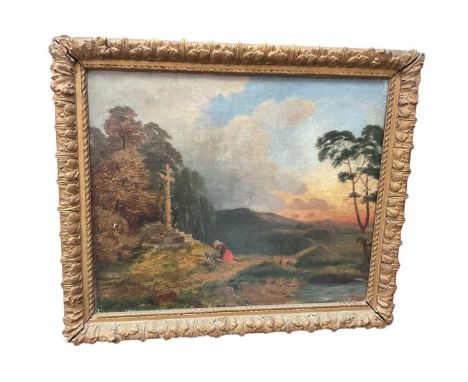 Alexandre le Bihan (1837/9-1924) oil on canvas, figures at the cross in a landscape