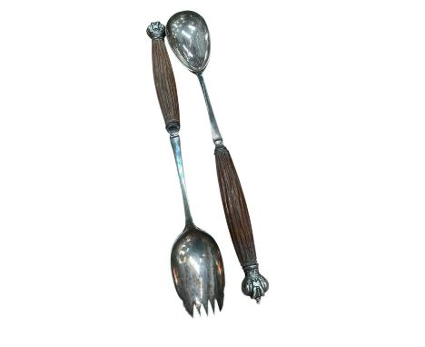 Pair of Victorian novelty silver plated salad servers with horn handles and crowned VR terminals.