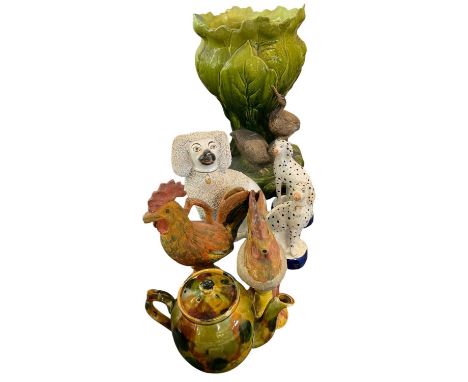Good eccentric collection of ceramics, including Whieldon type teapot and cover, Staffordshire Dalmatians, a decorative jardi