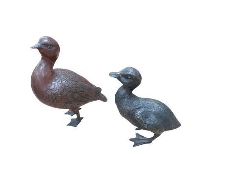 Contemporary patinated bronze model of a duckling and a Japanese bronze bird (2).