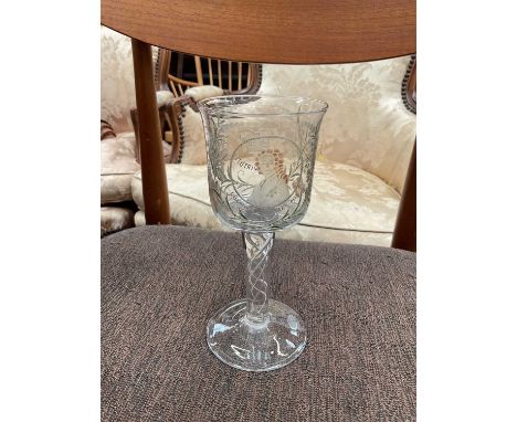 Georgian-style wine glass with engraved and enamelled Jacobite portrait, mottos and foliage, with air twist stem, 18cm highVe