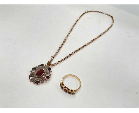 Georgian style 9ct gold flat cut garnet and seed pearl pendant on 9ct gold chain and 18ct gold garnet five stone ring, size R