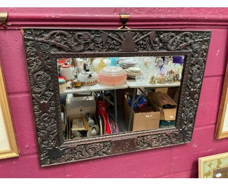 Unusual early 20th century Chinese carved wood picture frame, now as a mirror, 62cm x 47cm overall