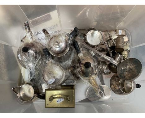 Group of silver plated items including novelty salt and pepper set, chocolate pots, other items