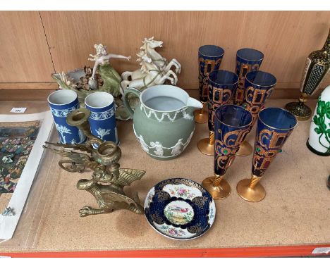 Set of six jewel-encrusted wine glasses, 19th century Wedgwood jasperware vases and jug, a continental figural vase, pair of 