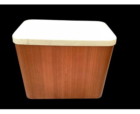 Mid century Schreiber Wood Industies bentwood storage/laundry box with lid, broad arrow stand to base, dated 1966, 52cm x 29c