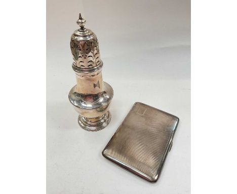 Victorian silver sugar castor (Sheffield 1890) and a 1940s silver cigarette case (2)Total weight approximatley 339 grams.