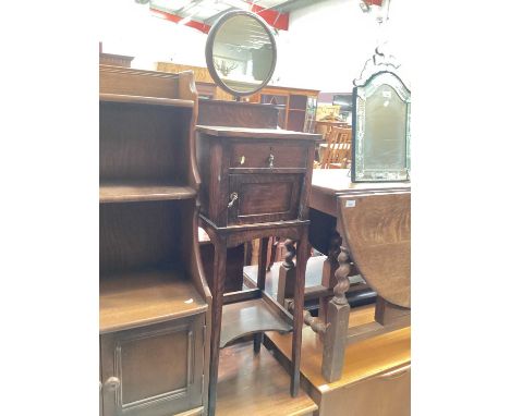 Oak shaving stand with circular mirror, drawer cupboard and undertier below together with a pine butcher's block (2)