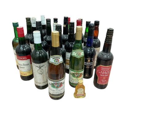 Twenty two bottles including vintage sherry, wines and a miniature Bell's whisky (23 in total)