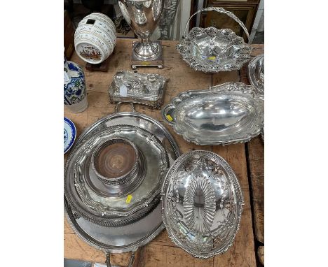 Group of Old Sheffield Plate and similar, including a samovar, inkstand, salvers, trays, wine coasters, and three baskets