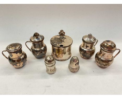 Silver condiments and a silver mustard pot with blue glass liner (7)Weight approx 139 grams.