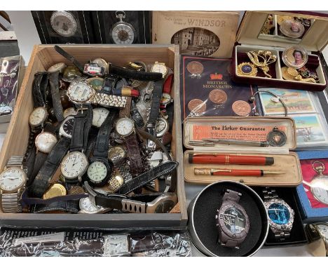 Collection of various watches, costume jewellery, military badges, pens and sundries