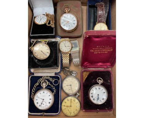 Group of watches including a silver cased J.W. Benson pocket watch, Helvetia military pocket watch GS/TP P86357, gold plated 
