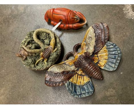 Small Palissy dish and an unusual Palissy model of a moth, together with an unusual lobster form condiments set